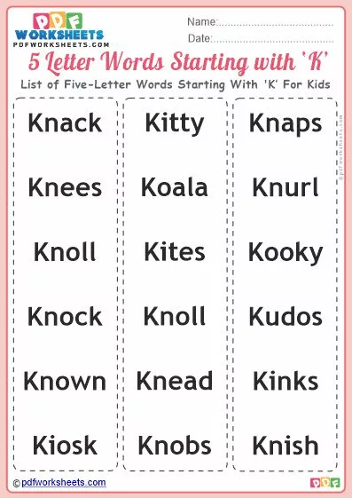 List of Five-Letter Words Starting With 'K' For Kids PDF Worksheet Download