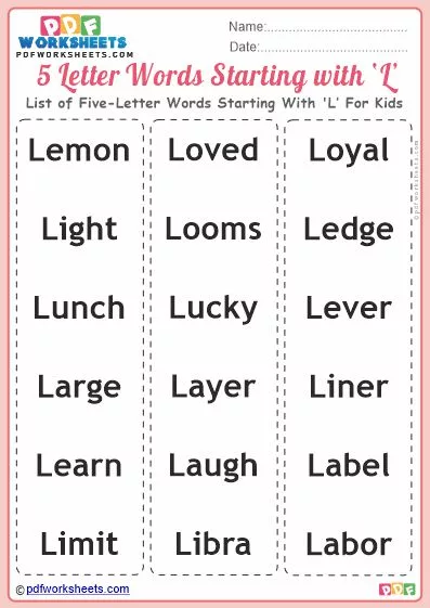 List of Five-Letter Words Starting With 'L' For Kids PDF Worksheet Download