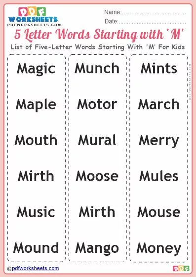 List of Five-Letter Words Starting With 'M' For Kids PDF Worksheet Download