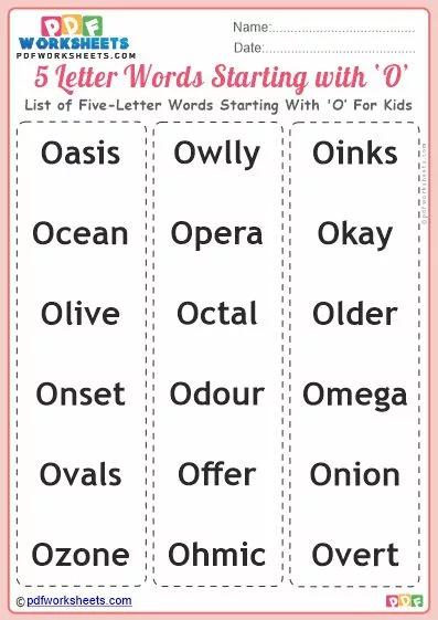 List of Five-Letter Words Starting With 'O' For Kids PDF Worksheet Download