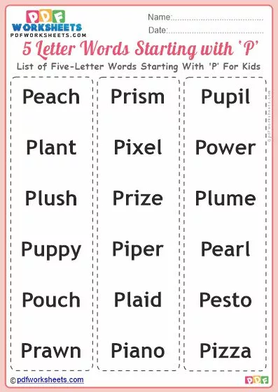 List of Five-Letter Words Starting With 'P' For Kids PDF Worksheet Download