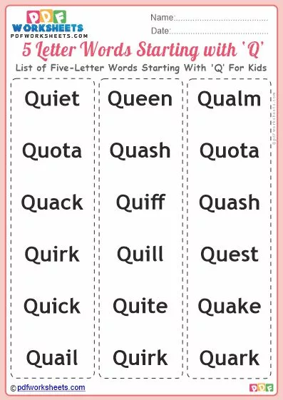 List of Five-Letter Words Starting With 'Q' - PDF Worksheets