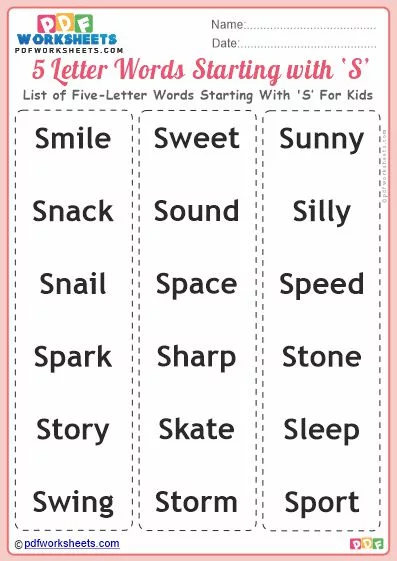 List of Five-Letter Words Starting With 'S' For Kids PDF Worksheet Download