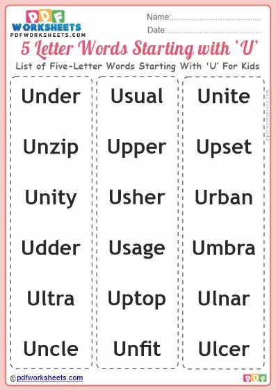 List of Five-Letter Words Starting With 'U' For Kids PDF Worksheet Download