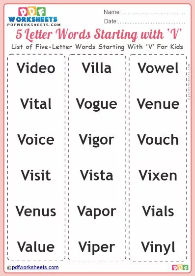 List of Five-Letter Words Starting With 'V' For Kids PDF Worksheet Download