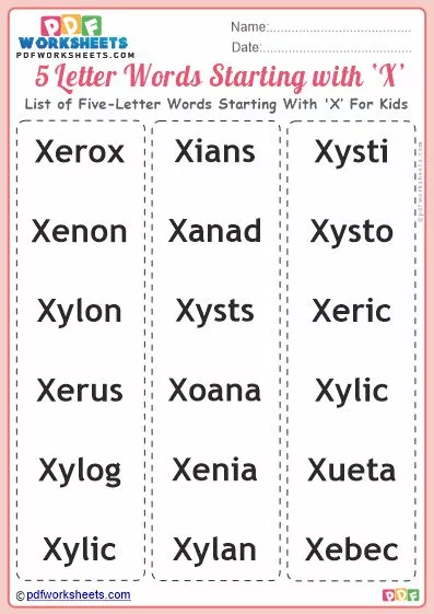 List of Five-Letter Words Starting With 'X' For Kids PDF Worksheet Download