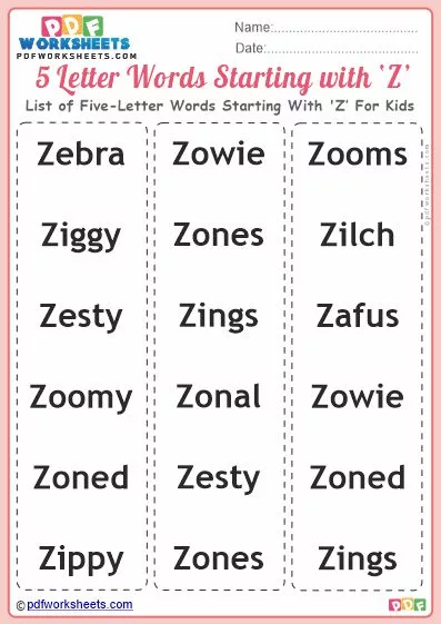 List of Five-Letter Words Starting With 'Z' For Kids PDF Worksheet Download