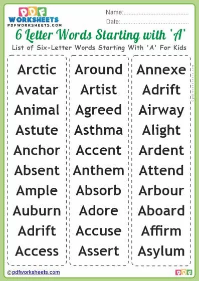 List of Six-Letter Words Starting With 'A' For Kids