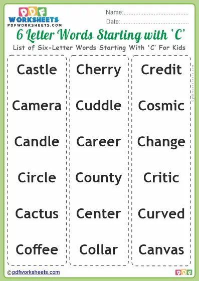 List of Six-Letter Words Starting With 'C' For Kids PDF Worksheet Download