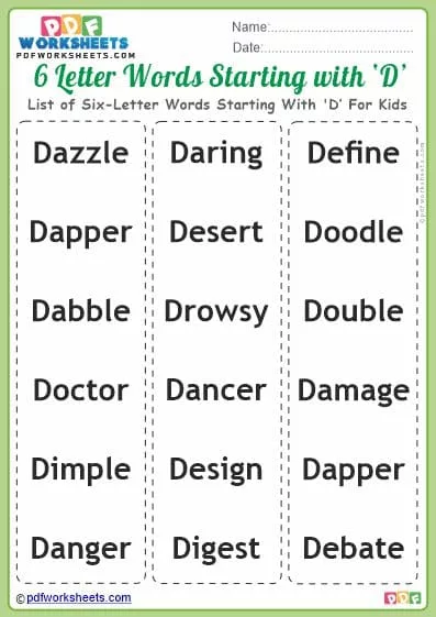List of Six-Letter Words Starting With 'D' For Kids PDF Worksheet Download