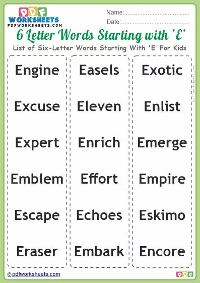 List of Six-Letter Words Starting With 'E' For Kids PDF Worksheet Download