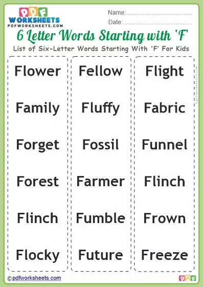 List of Six-Letter Words Starting With 'F' For Kids PDF Worksheet Download