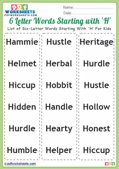List of Six-Letter Words Starting With 'H' For Kids PDF Worksheet Download
