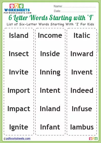 List of Six-Letter Words Starting With 'I' For Kids PDF Worksheet Download