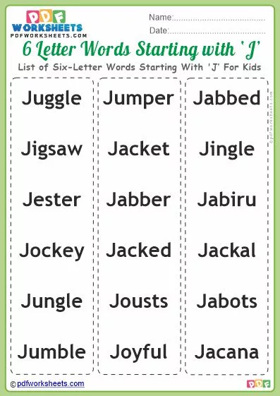 List of Six-Letter Words Starting With 'J' - PDF Worksheets