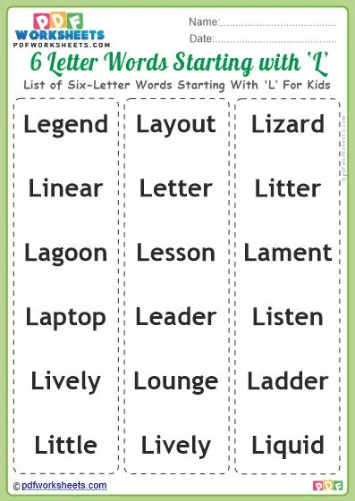 List of Six-Letter Words Starting With 'L' For Kids PDF Worksheet Download