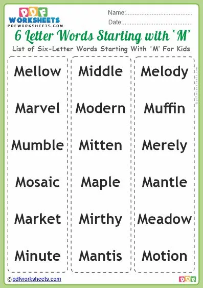 List of Six-Letter Words Starting With 'M' For Kids PDF Worksheet Download