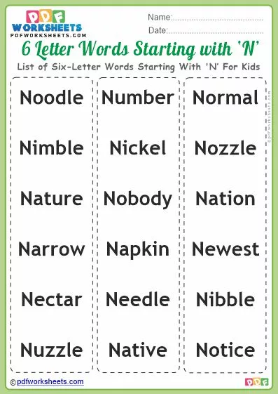 List of Six-Letter Words Starting With 'N' For Kids PDF Worksheet Download