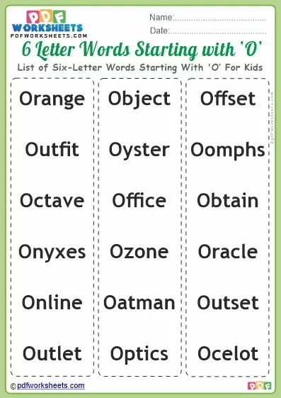 List of Six-Letter Words Starting With 'O' For Kids PDF Worksheet Download