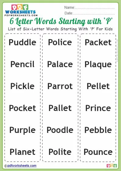 List of Six-Letter Words Starting With 'P' For Kids PDF Worksheet Download