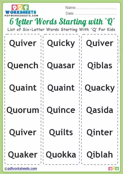 List of Six-Letter Words Starting With 'Q' For Kids PDF Worksheet Download