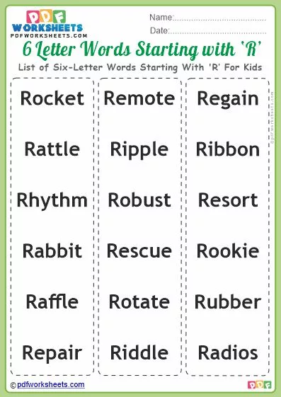 List of Six-Letter Words Starting With 'R' For Kids PDF Worksheet Download