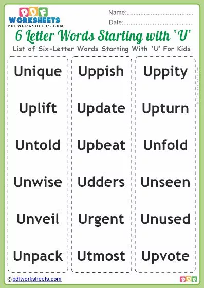 List of Six-Letter Words Starting With 'U' For Kids PDF Worksheet Download