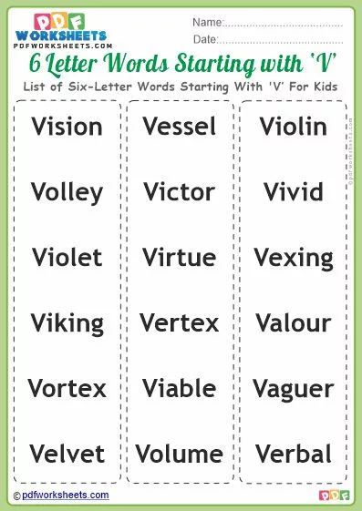 List of Six-Letter Words Starting With 'V' For Kids PDF Worksheet Download
