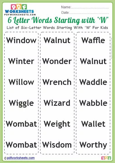 List of Six-Letter Words Starting With 'W' For Kids PDF Worksheet Download