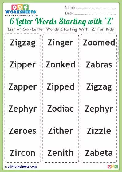 List of Six-Letter Words Starting With 'Z' For Kids PDF Worksheet Download