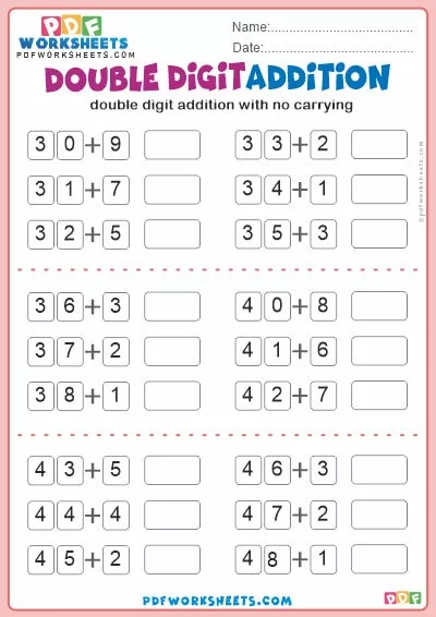 Double Digit Addition PDF Worksheets [No Carrying]