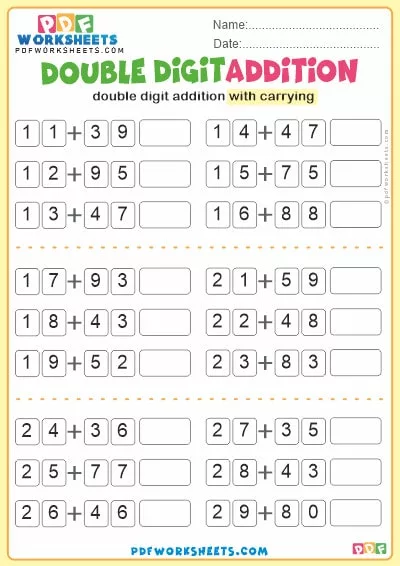 Double Digit Addition PDF Worksheets [With Carrying]