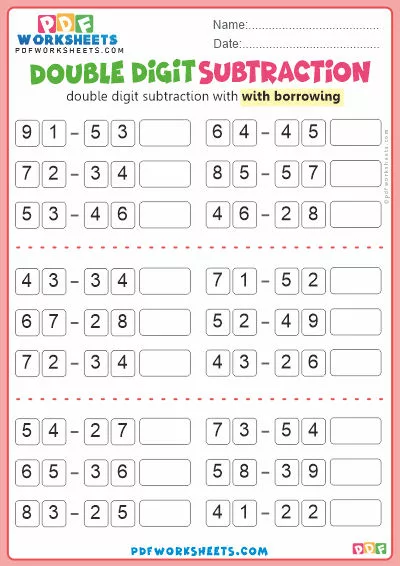 Double Digit Subtraction PDF Worksheets [With Borrowing]