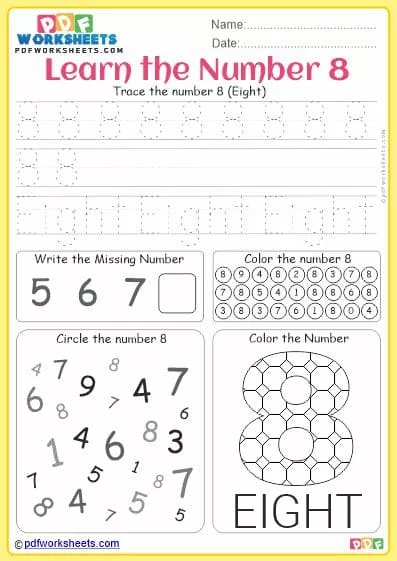 Printable Learn Number 8 PDF Worksheet