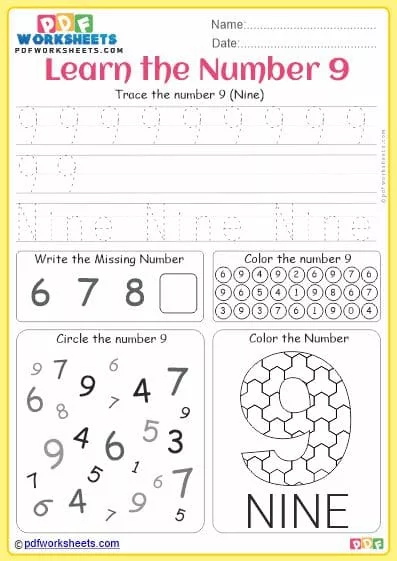 Printable Learn Number 9 PDF Worksheet