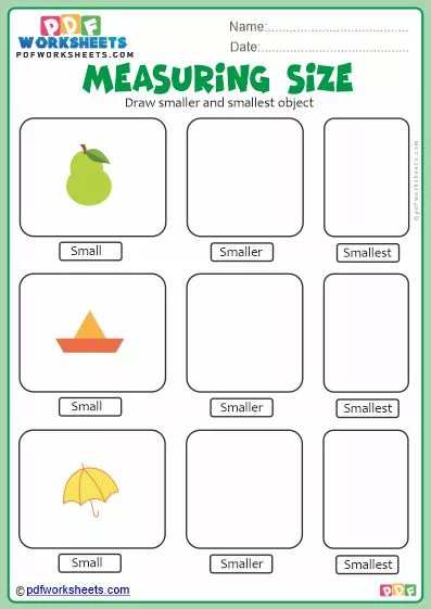Printable Measuring Size PDF Worksheets 2 Draw Smaller and Smallest Measuring Size PDF Worksheet