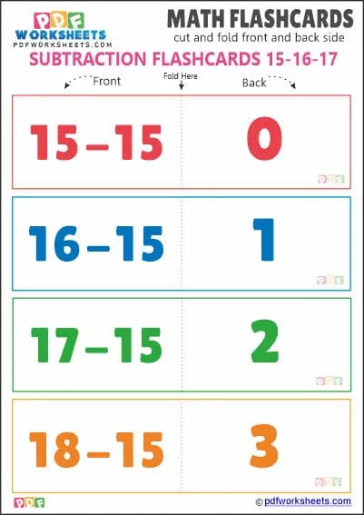 Printable Subtraction Math Flashcards [Set 15-16-17]