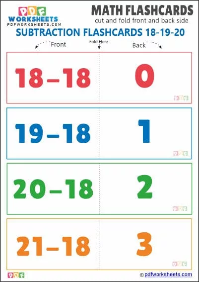 Printable Subtraction Math Flashcards [Set 18-19-20]