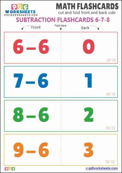 Printable Subtraction Math Flashcards [Set 6-7-8]
