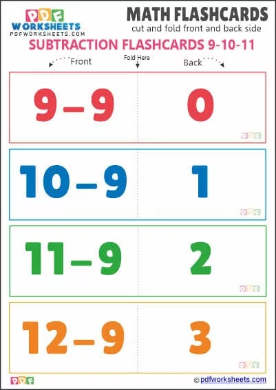 Printable Subtraction Math Flashcards [Set 9-10-11]