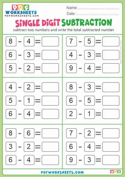 Single Digit Subtraction PDF Worksheet-2