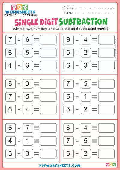 Single Digit Subtraction PDF Worksheet-3