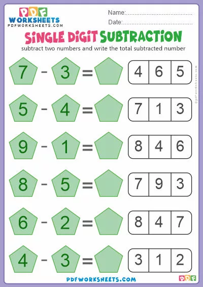 Single Digit Subtraction PDF Worksheet-4